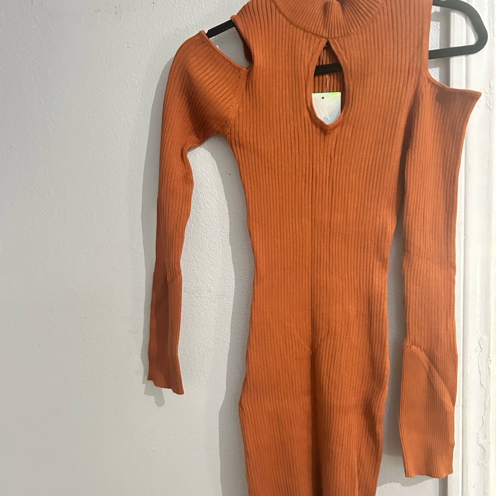 Orange Ribbed Cut-Out Dress